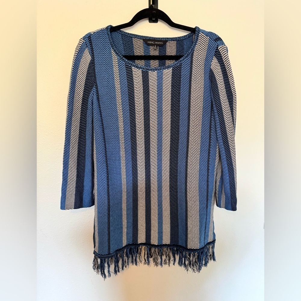 Ming Wang Womens Fringe Striped Sweater 3/4 Sleeve Size Small Blue Black EUC